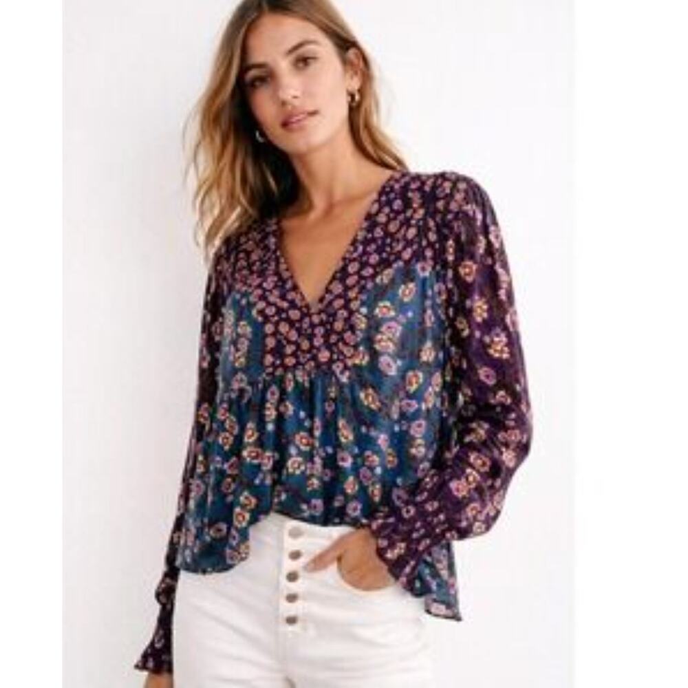 Anthropologie Jamison Henley Blue Purple Floral Cotton Blend Top XS